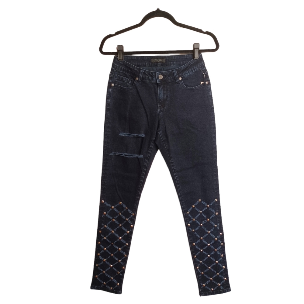 NEW POETIC JUSTICE Studded Distressed Dark Blue Denim Skinny Jeans 26